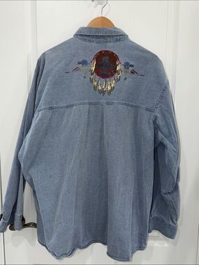 Vintage Habitat Shirt Mens XL Indian Denim Button Up Long Sleeve Feathers USA